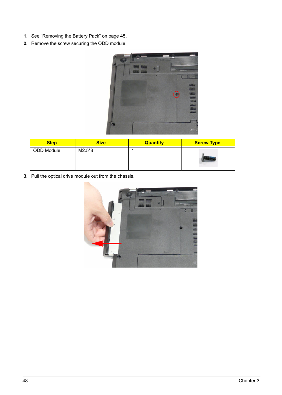 Removing the optical drive module | PACKARD BELL TM87 User Manual | Page 58 / 216