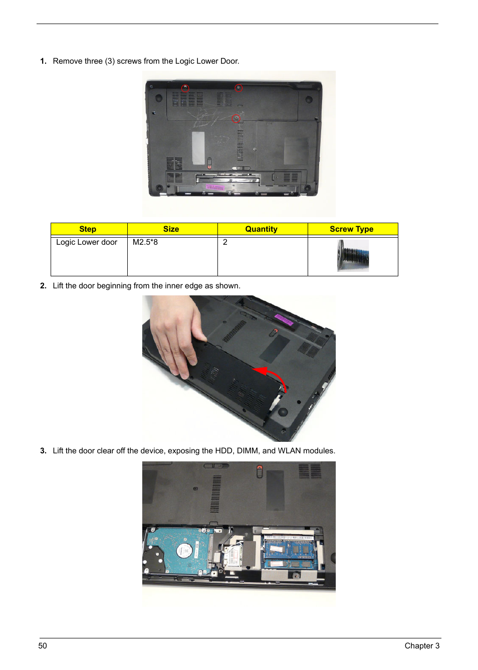 Removing the logic lower door | PACKARD BELL TM87 User Manual | Page 60 / 216