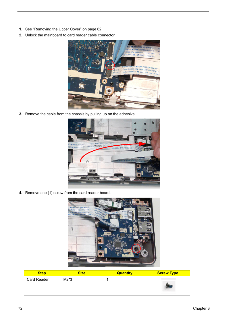 Removing the card reader board | PACKARD BELL TM87 User Manual | Page 82 / 216