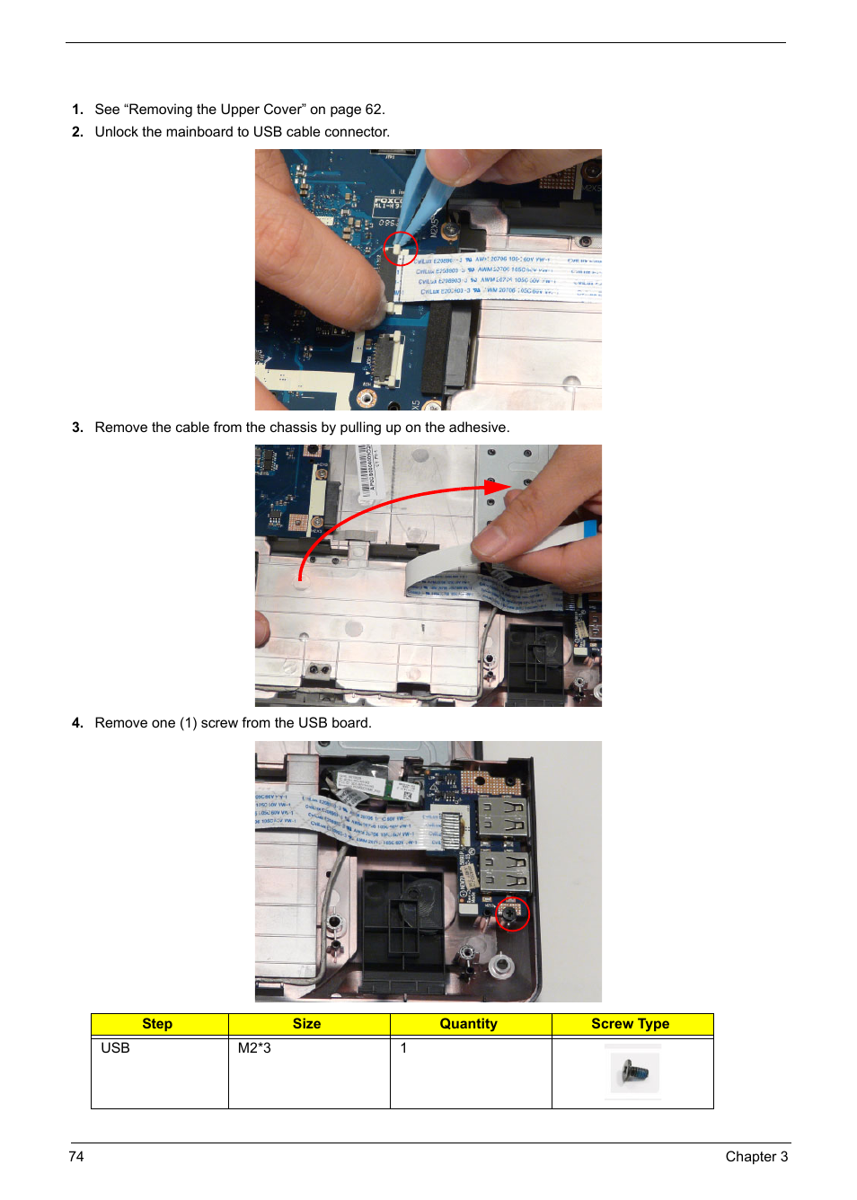 Removing the usb board | PACKARD BELL TM87 User Manual | Page 84 / 216