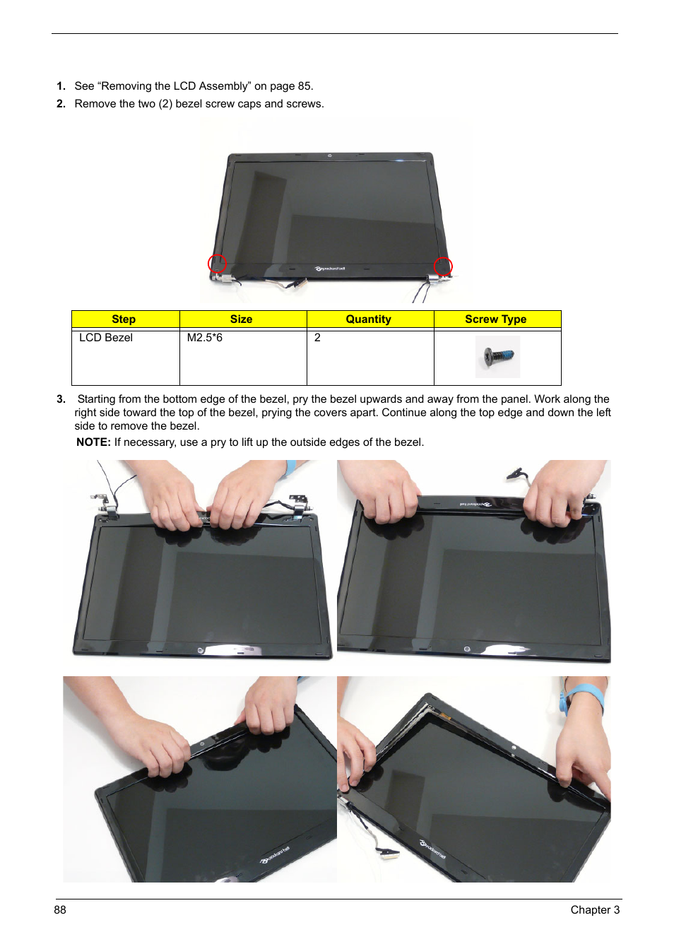 Removing the lcd bezel | PACKARD BELL TM87 User Manual | Page 98 / 216