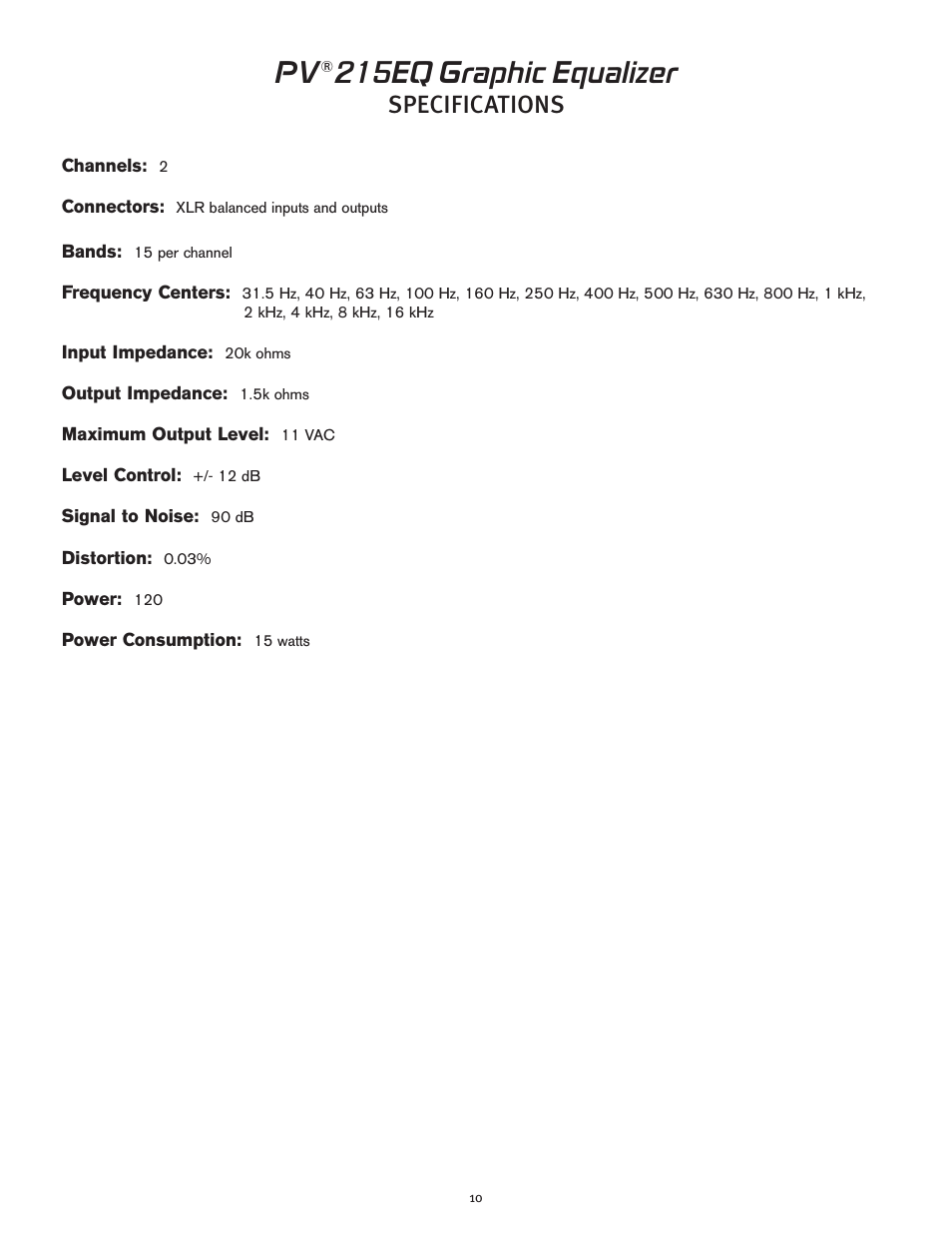 215eq graphic equalizer, Specifications | Peavey PV 215 EQ User Manual | Page 10 / 24