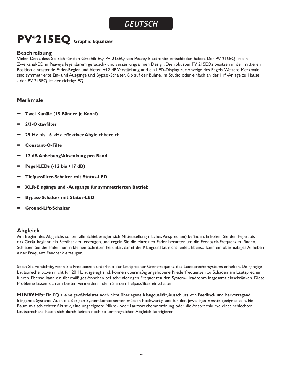 215eq, Deutsch | Peavey PV 215 EQ User Manual | Page 11 / 24