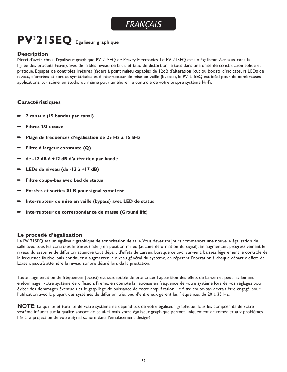 215eq, Français | Peavey PV 215 EQ User Manual | Page 15 / 24