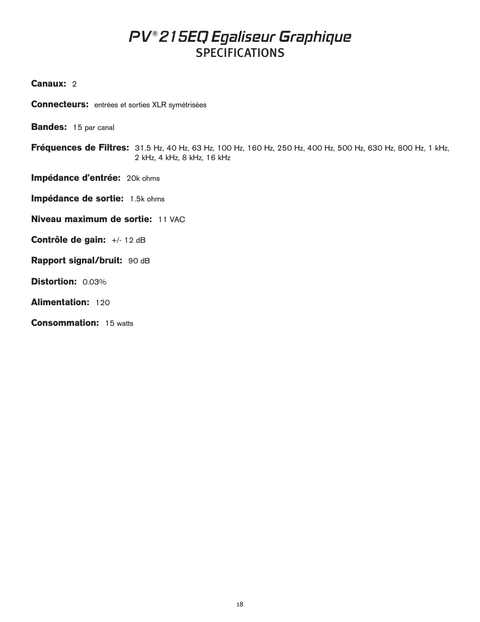 215eq egaliseur graphique, Specifications | Peavey PV 215 EQ User Manual | Page 18 / 24