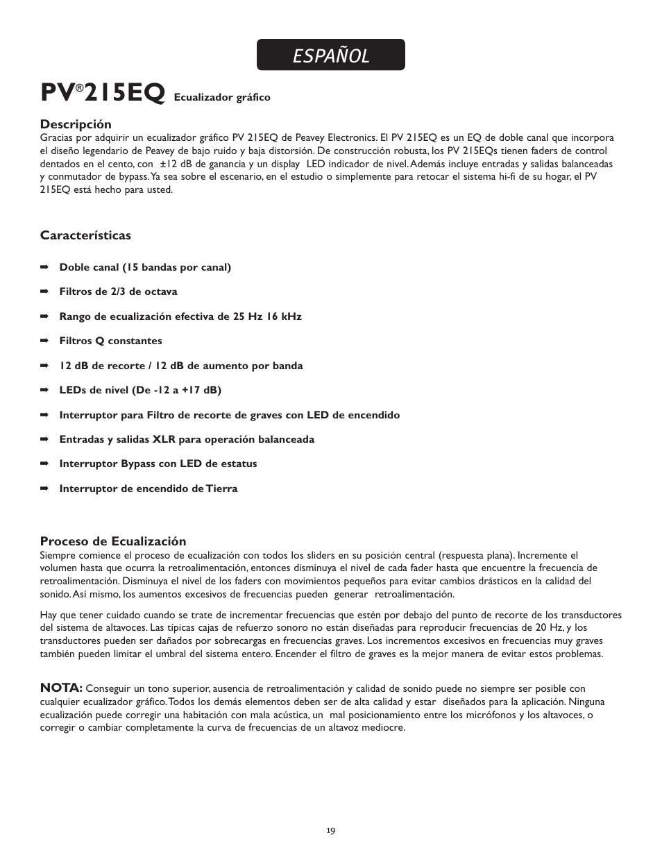 215eq, Español | Peavey PV 215 EQ User Manual | Page 19 / 24