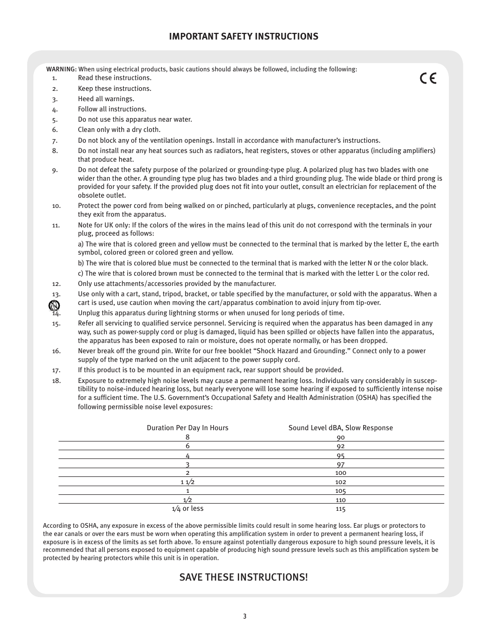 Save these instructions, Important safety instructions | Peavey PV 215 EQ User Manual | Page 3 / 24