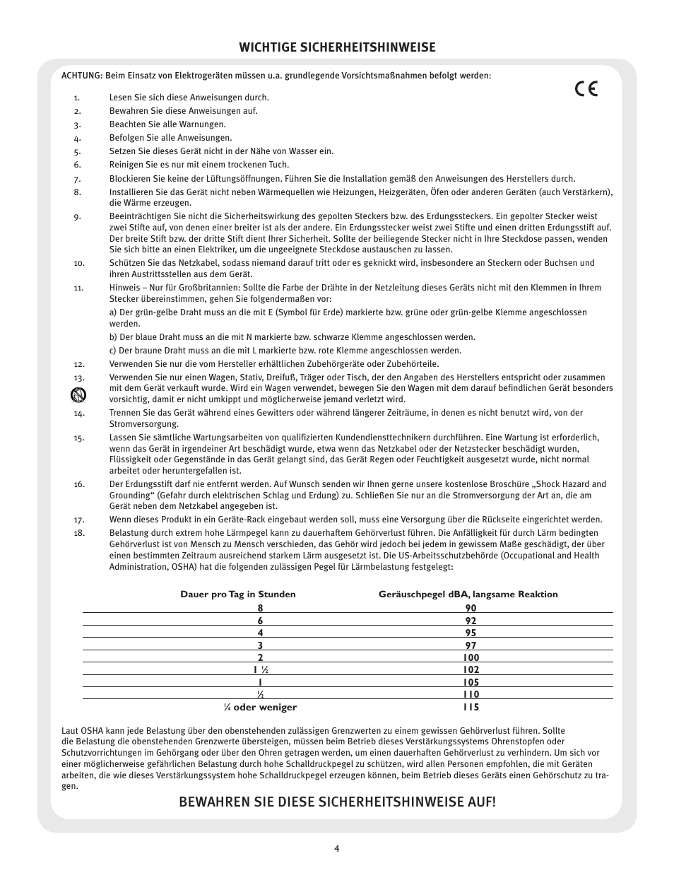 Bewahren sie diese sicherheitshinweise auf, Wichtige sicherheitshinweise | Peavey PV 215 EQ User Manual | Page 4 / 24