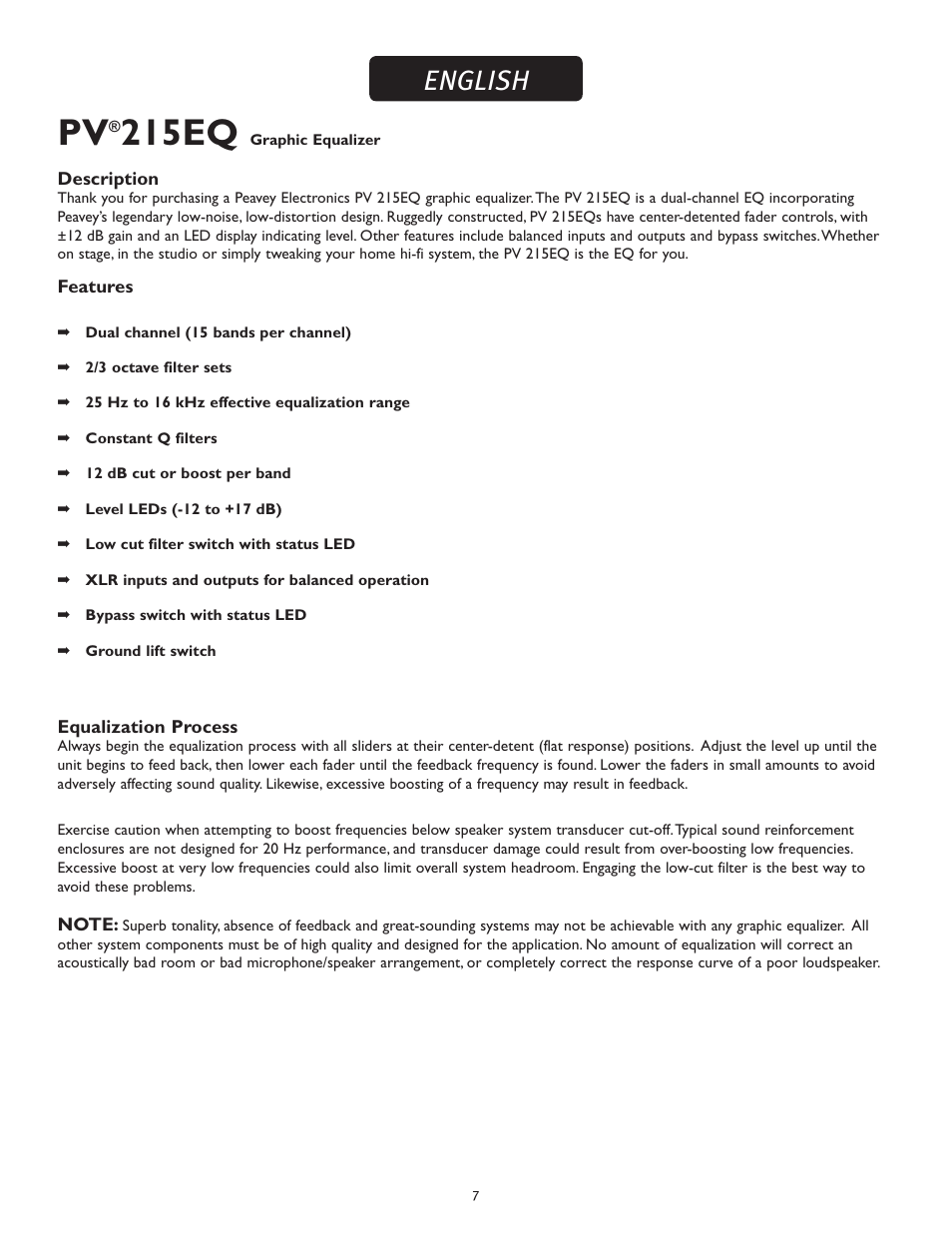 215eq, English | Peavey PV 215 EQ User Manual | Page 7 / 24