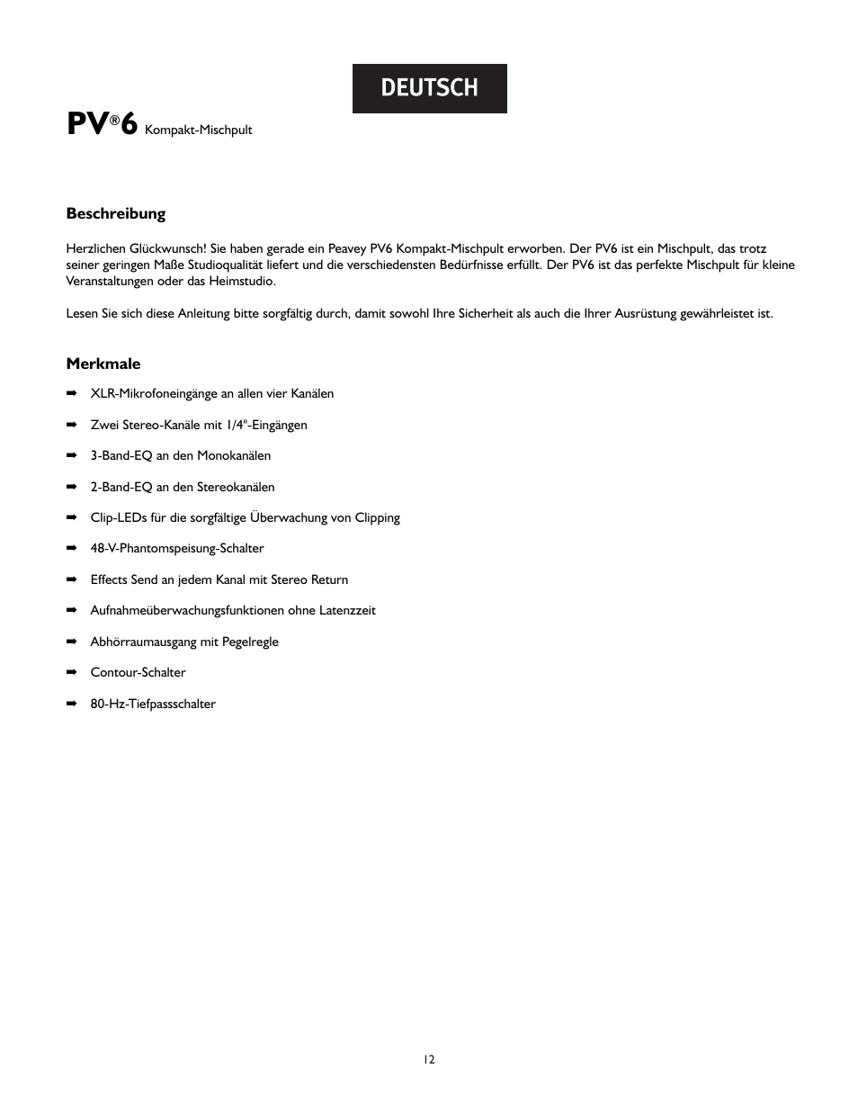 Dde eu ut ts sc ch h | Peavey PV 6 User Manual | Page 12 / 32
