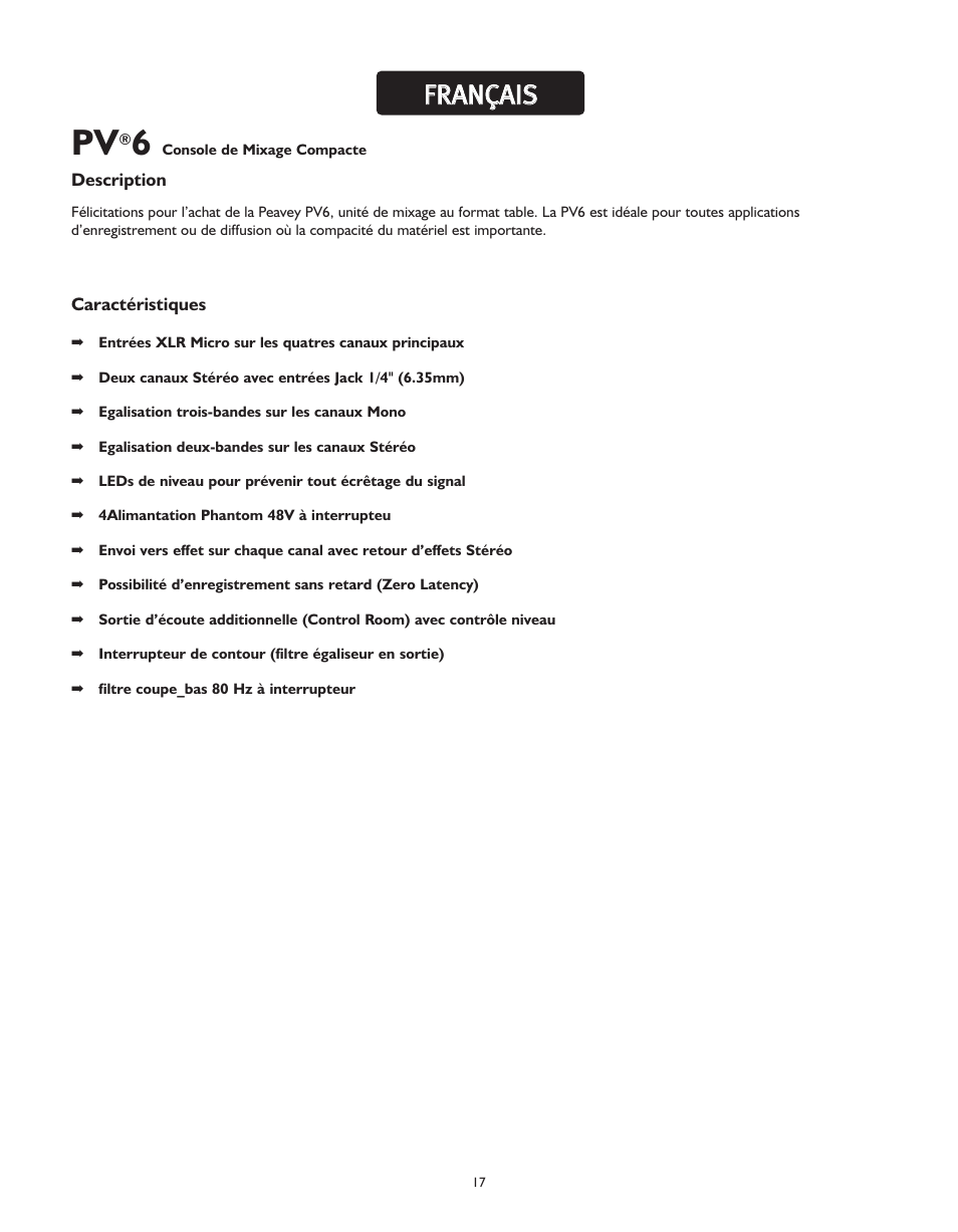 Ffr ra an nç ça aiis s | Peavey PV 6 User Manual | Page 17 / 32