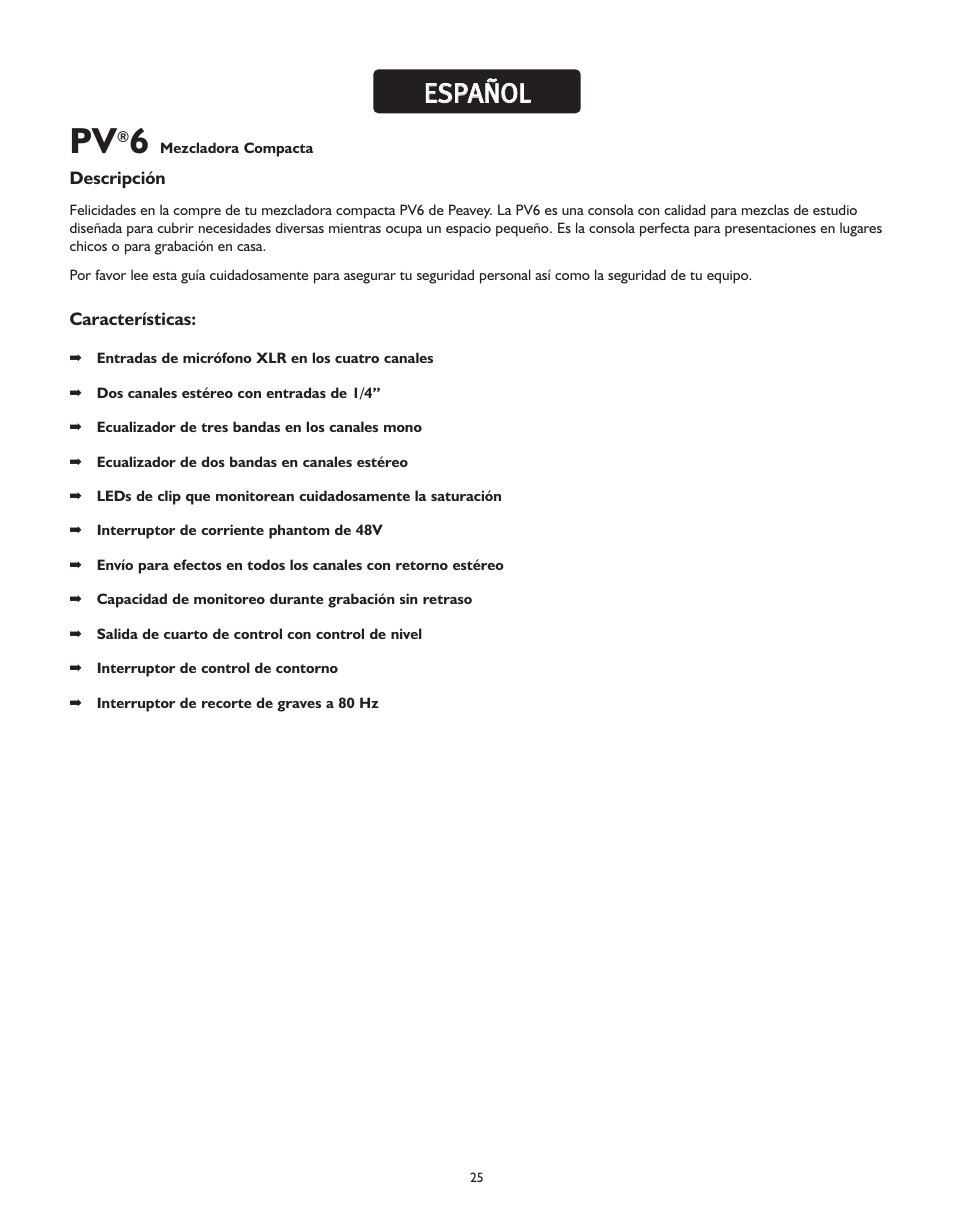 Ees sp pa añ ño ol l | Peavey PV 6 User Manual | Page 25 / 32