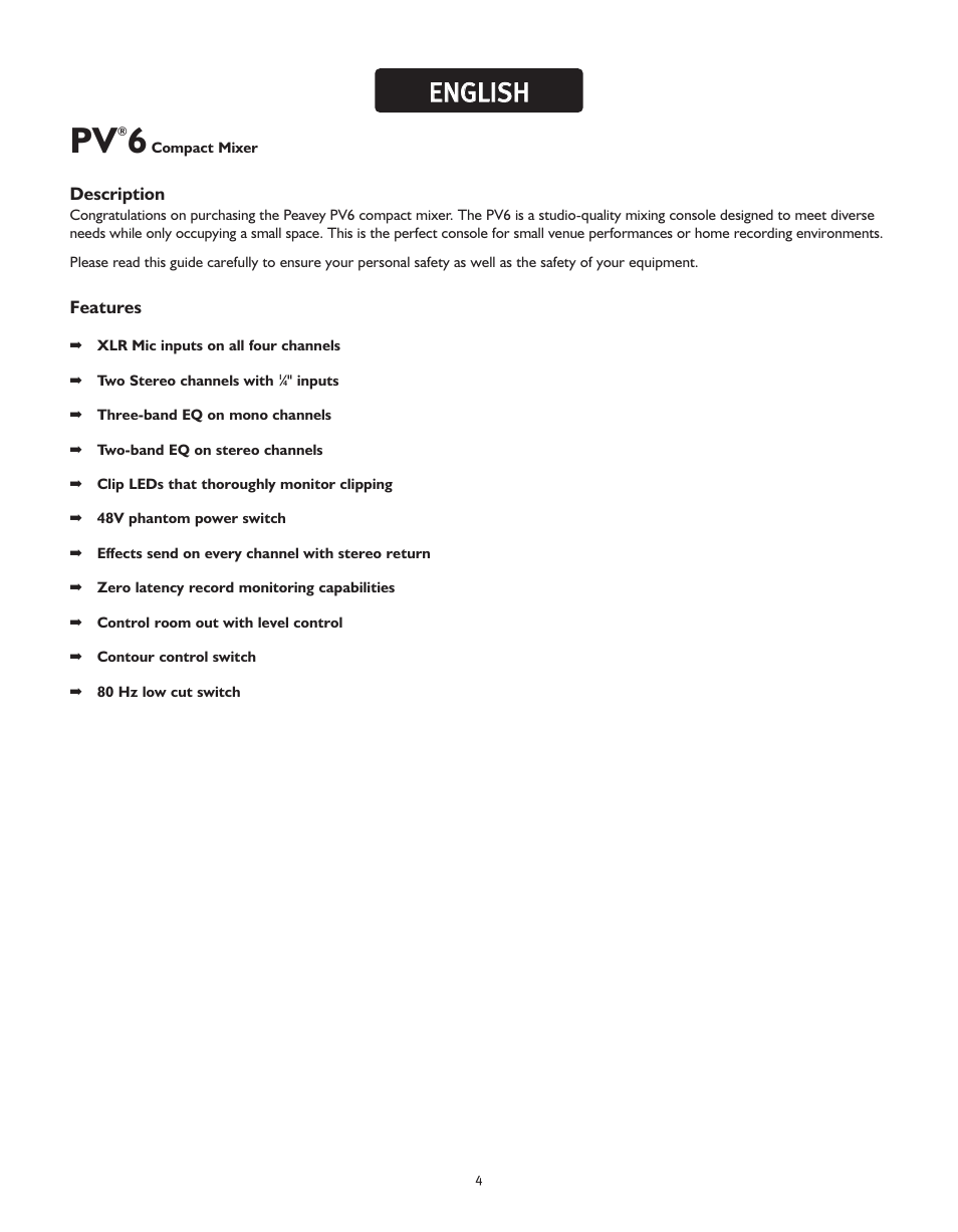 Een ng gl liis sh h | Peavey PV 6 User Manual | Page 4 / 32