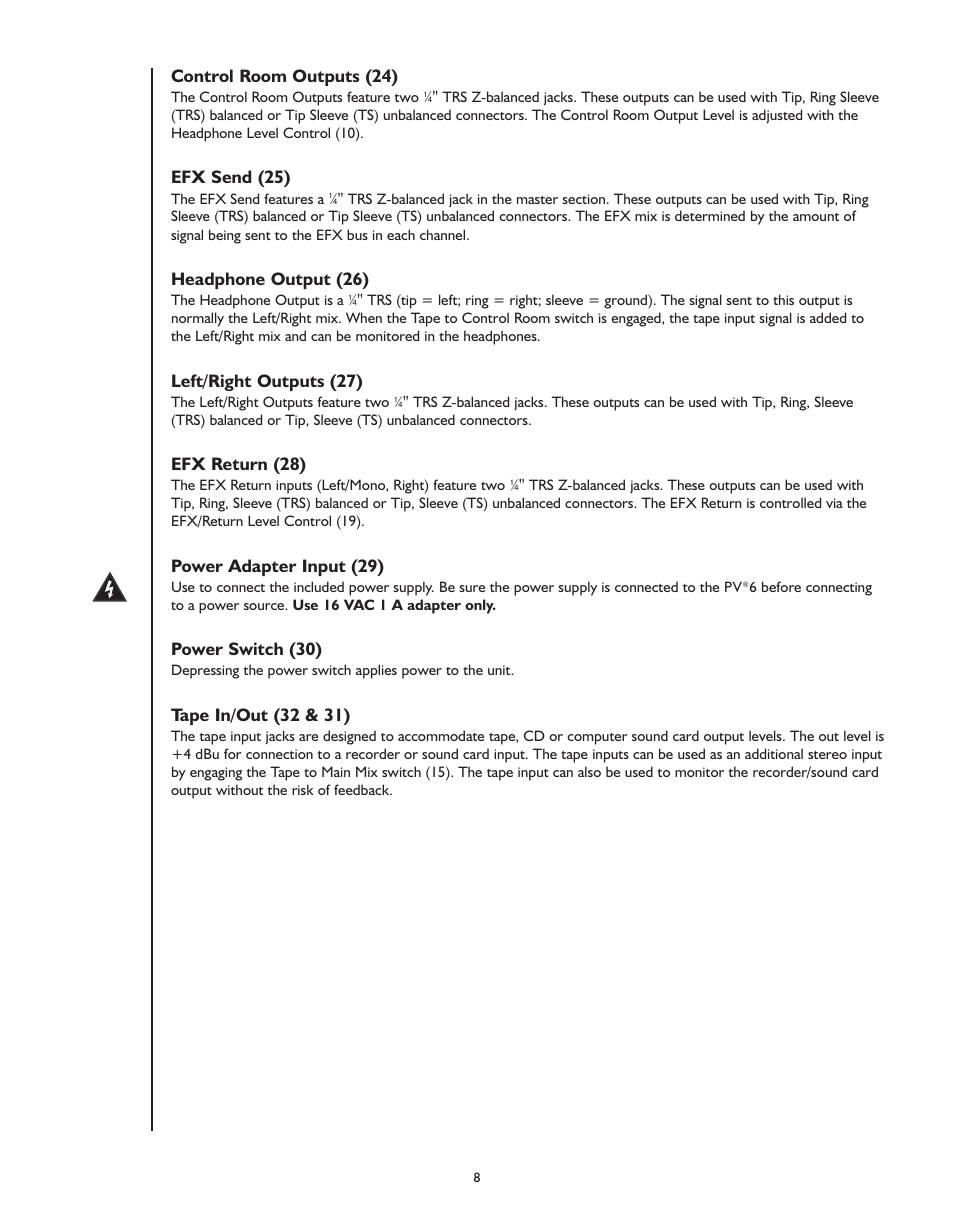 Control room outputs (24), Efx send (25), Headphone output (26) | Left/right outputs (27), Efx return (28), Power adapter input (29), Power switch (30), Tape in/out (32 & 31) | Peavey PV 6 User Manual | Page 8 / 32