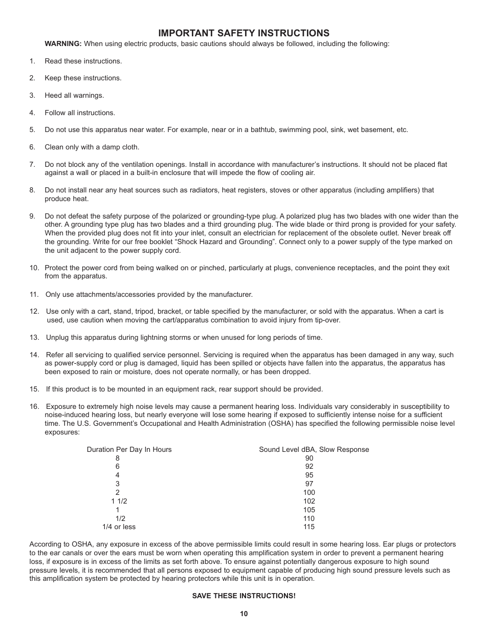 Important safety instructions | Peavey CA-A800B User Manual | Page 10 / 36