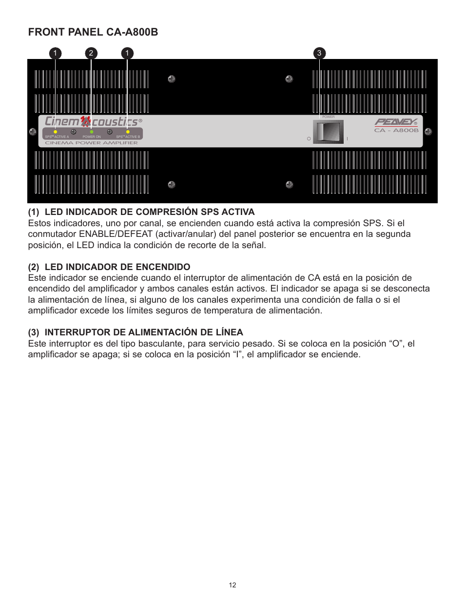 Cinem coustics, Front panel ca-a800b | Peavey CA-A800B User Manual | Page 12 / 36