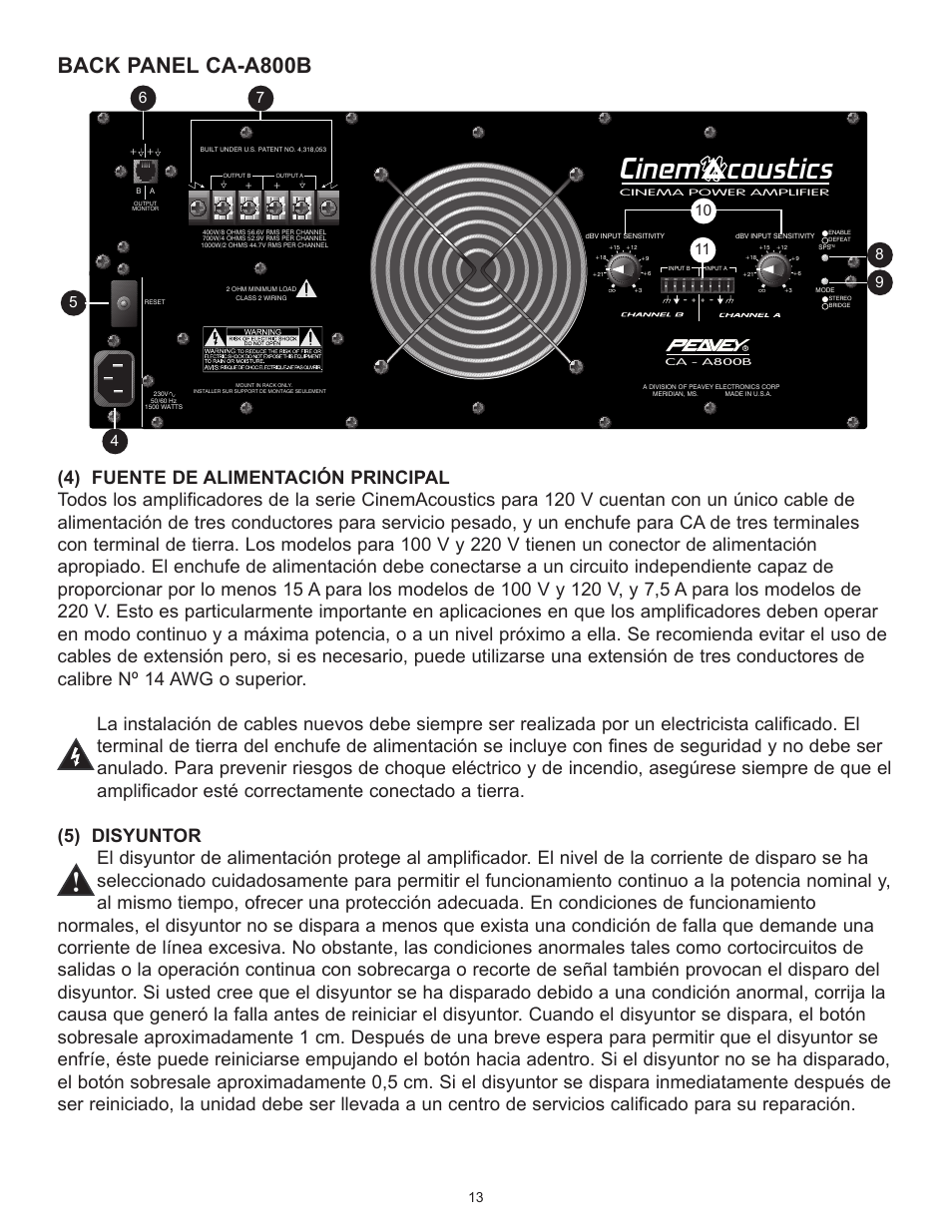 Cinem coustics, Back panel ca-a800b | Peavey CA-A800B User Manual | Page 13 / 36