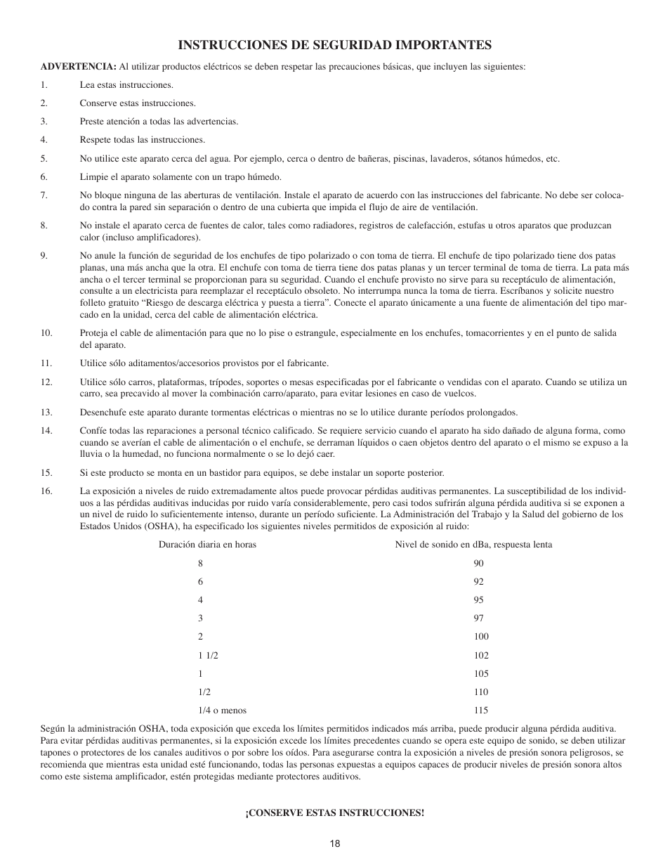 Instrucciones de seguridad importantes | Peavey CA-A800B User Manual | Page 18 / 36