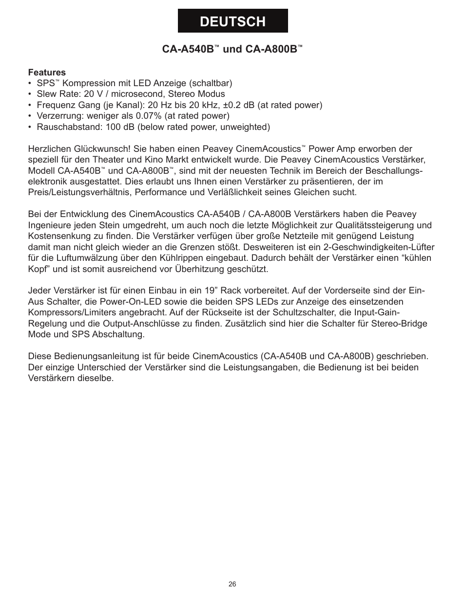 Deutsch, Ca-a540b, Und ca-a800b | Peavey CA-A800B User Manual | Page 26 / 36