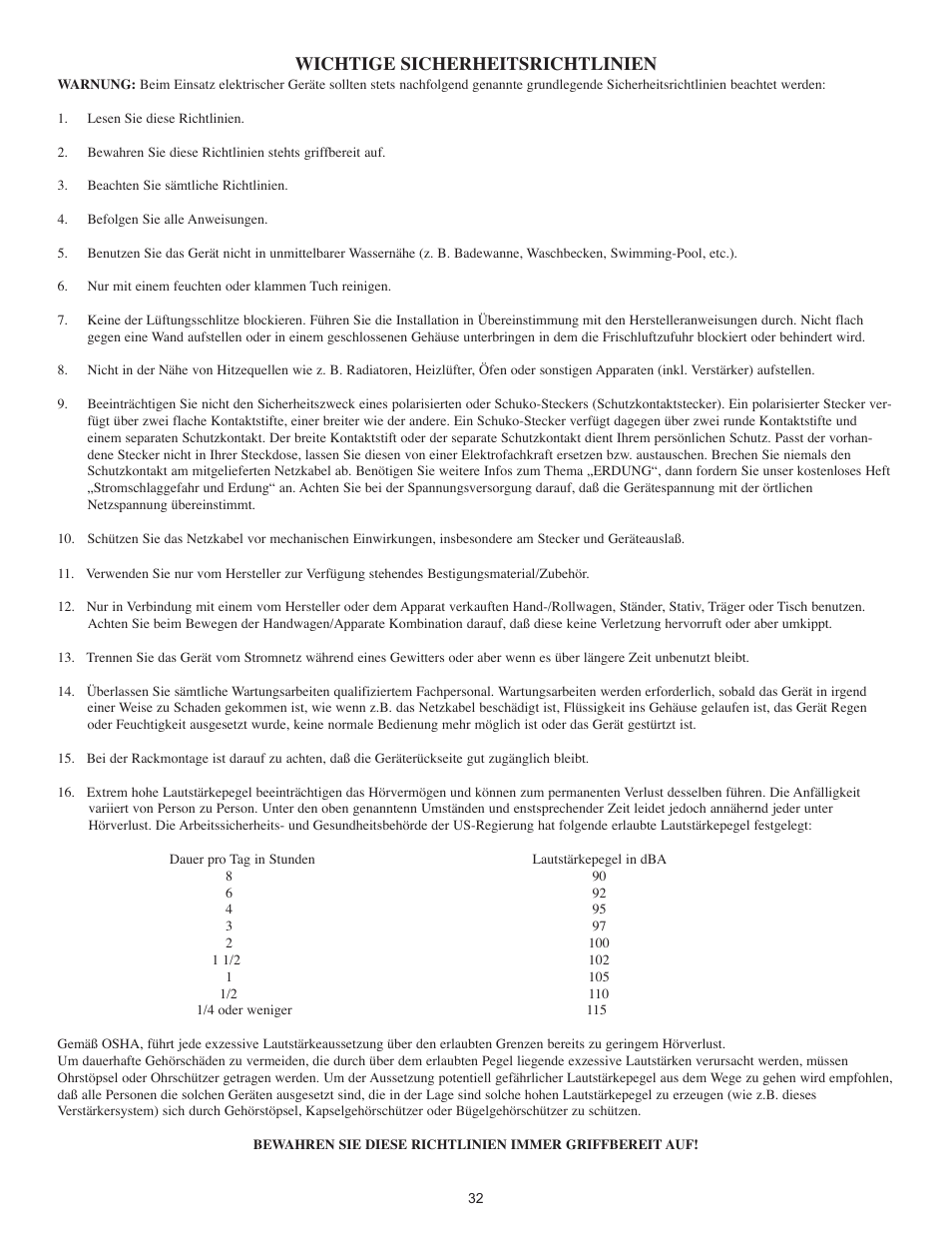 Wichtige sicherheitsrichtlinien | Peavey CA-A800B User Manual | Page 32 / 36