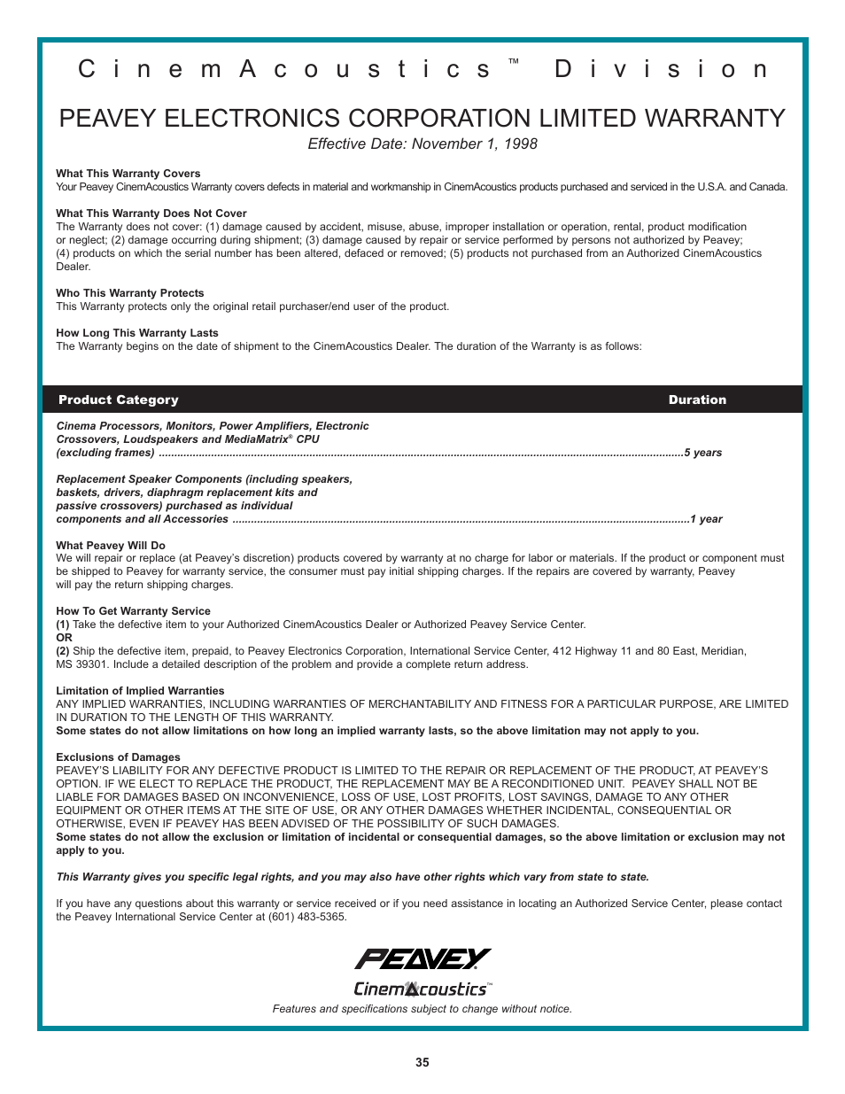 Peavey CA-A800B User Manual | Page 35 / 36