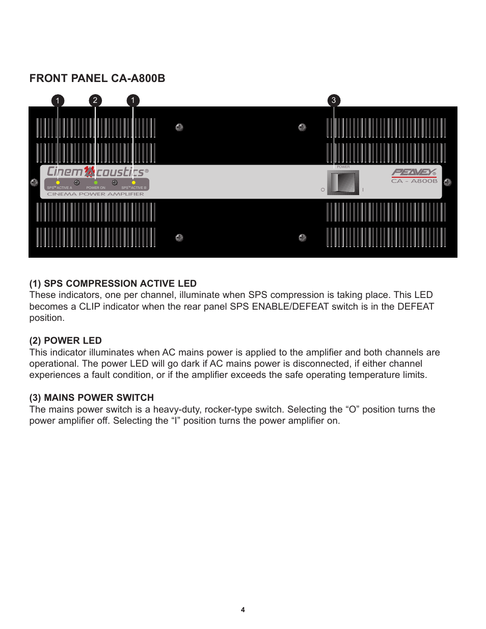 Cinem coustics, Front panel ca-a800b | Peavey CA-A800B User Manual | Page 4 / 36