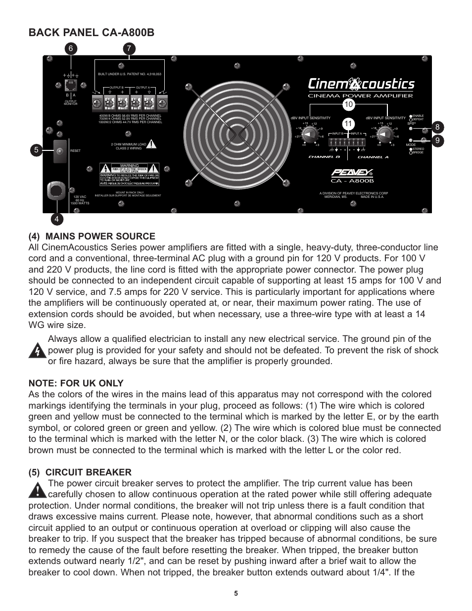 Cinem, Coustics, Back panel ca-a800b | Peavey CA-A800B User Manual | Page 5 / 36