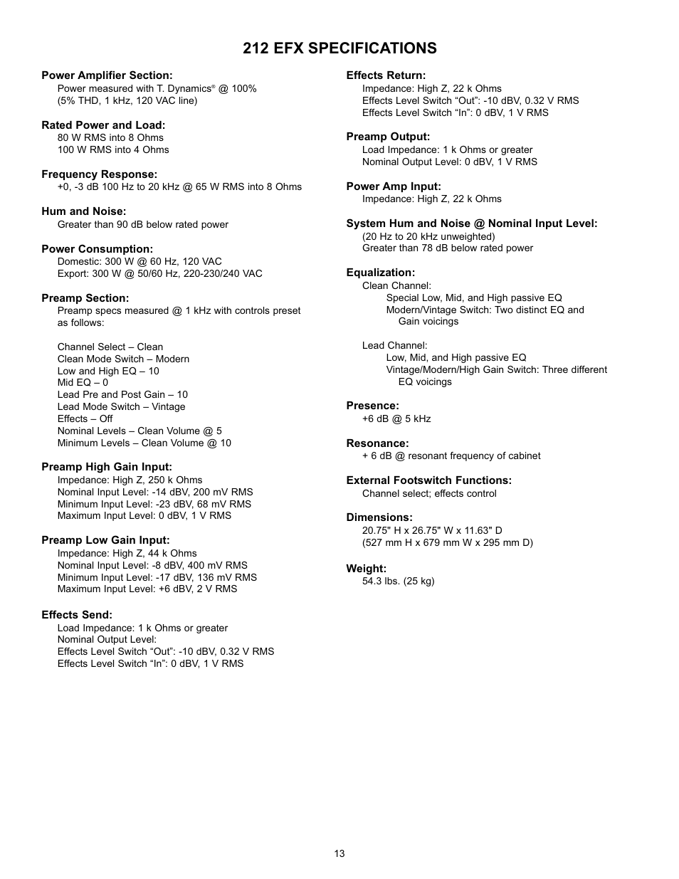212 efx specifications | Peavey Transtube 9/0180305014 User Manual | Page 13 / 48