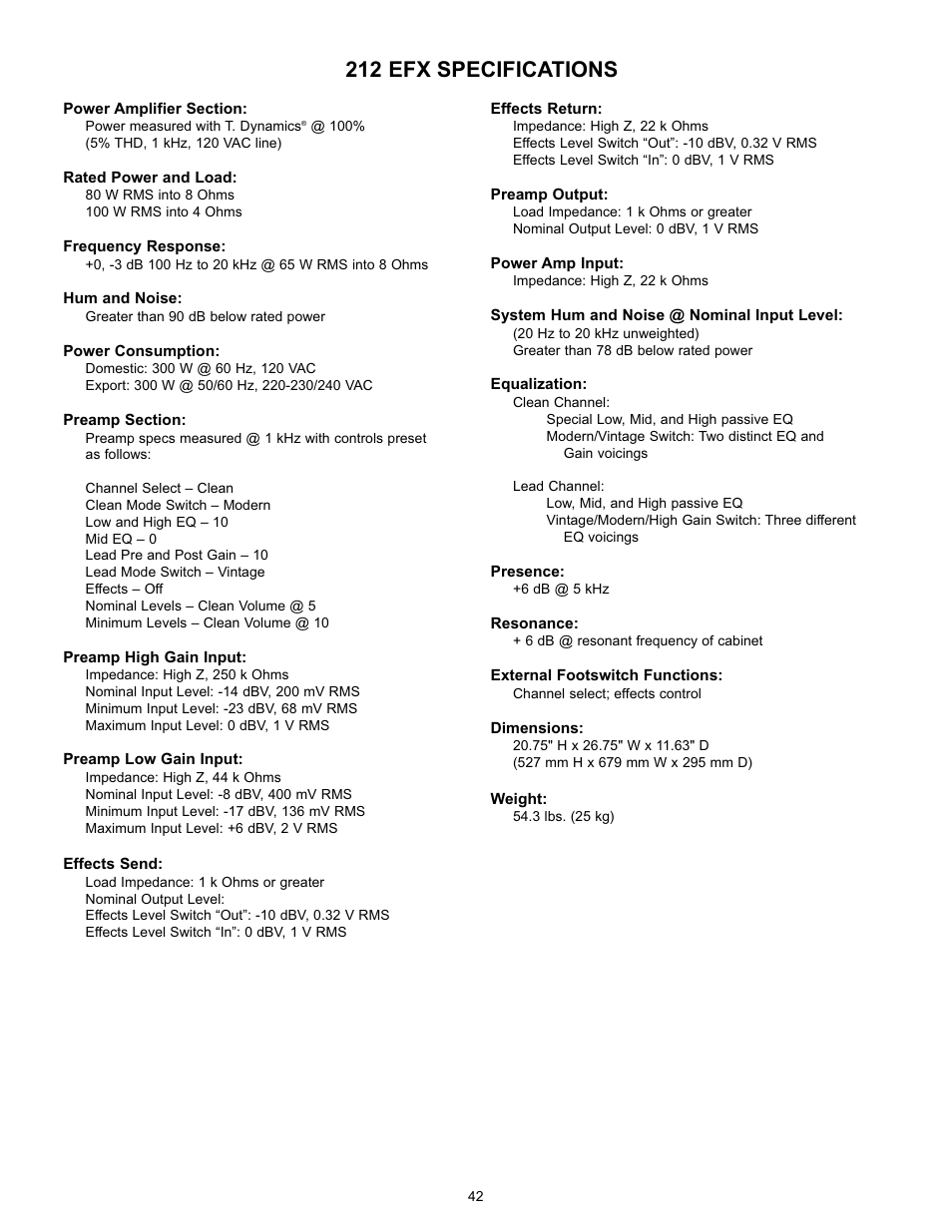 212 efx specifications | Peavey Transtube 9/0180305014 User Manual | Page 42 / 48