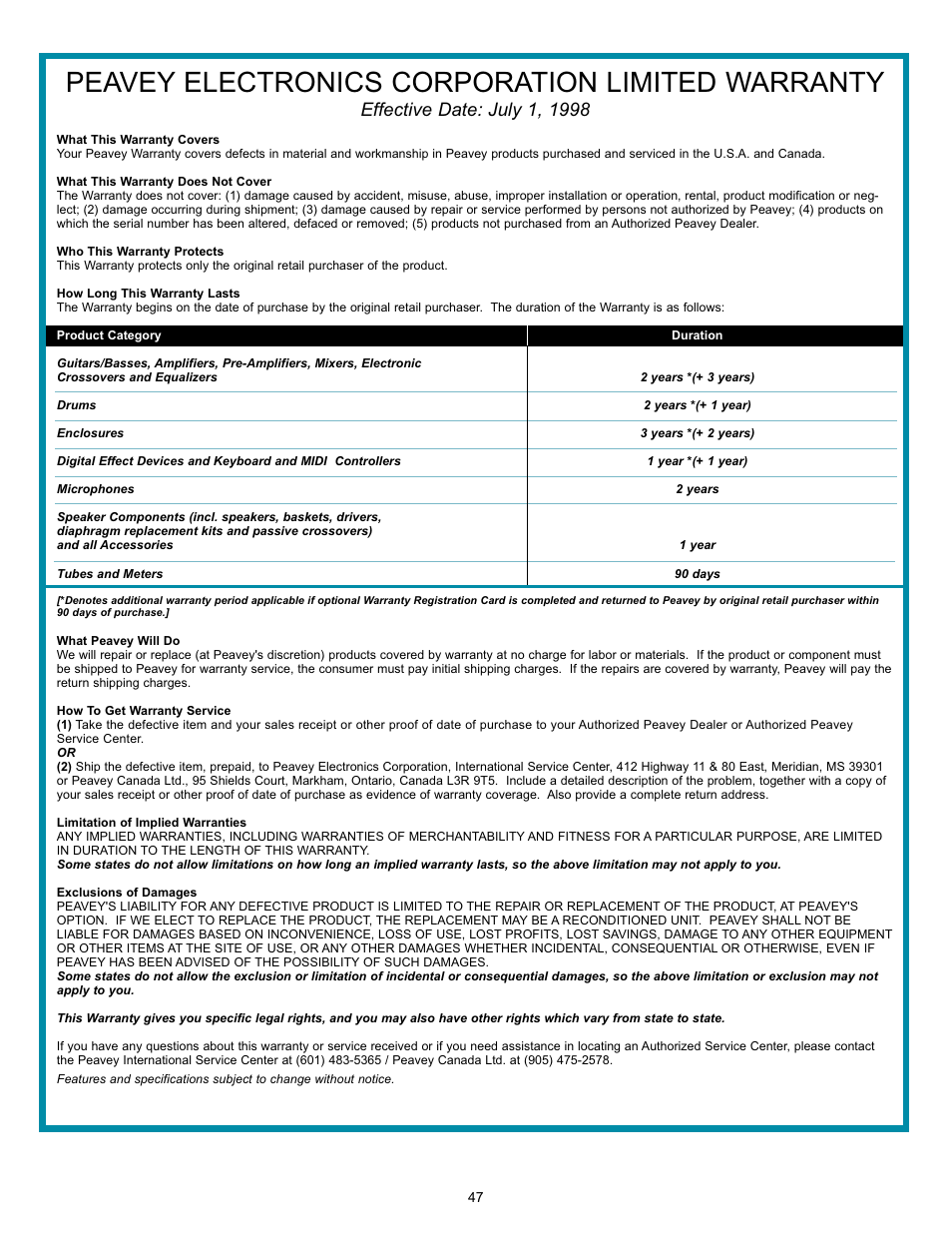 Peavey electronics corporation limited warranty | Peavey Transtube 9/0180305014 User Manual | Page 47 / 48