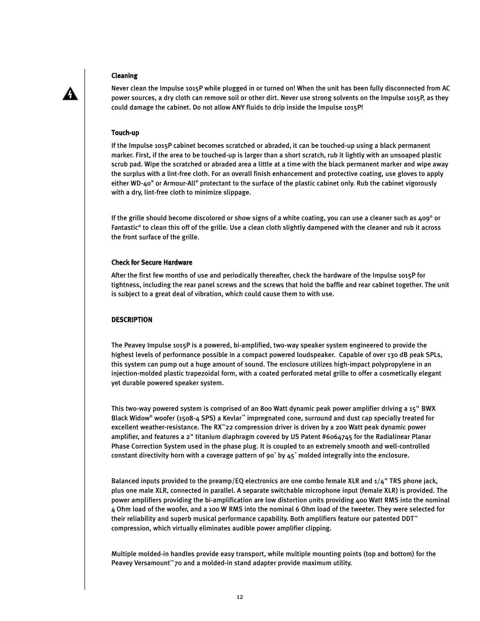 Peavey Impulse 1015P User Manual | Page 12 / 52