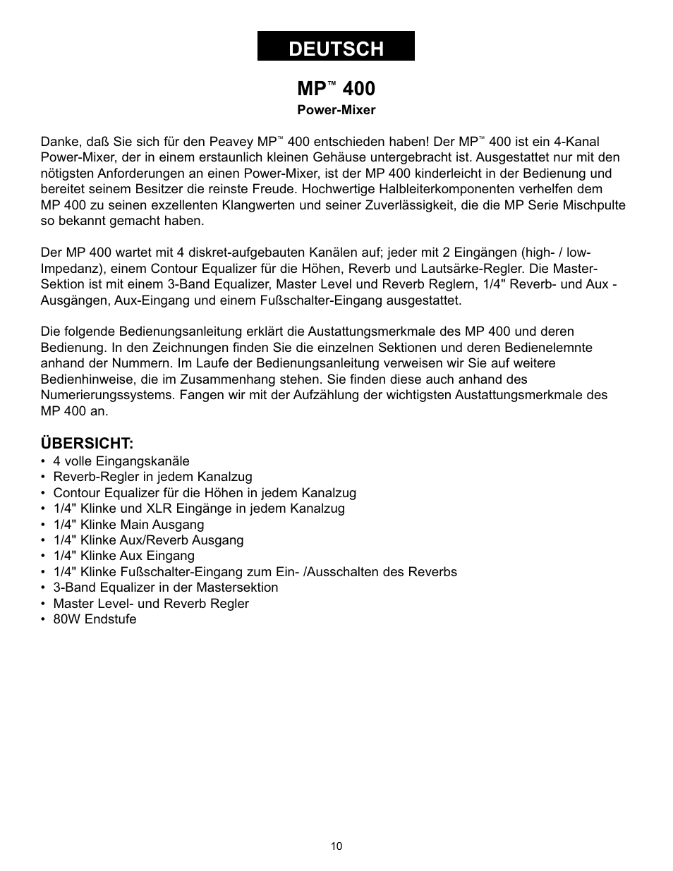 Deutsch | Peavey MP 400 User Manual | Page 10 / 28