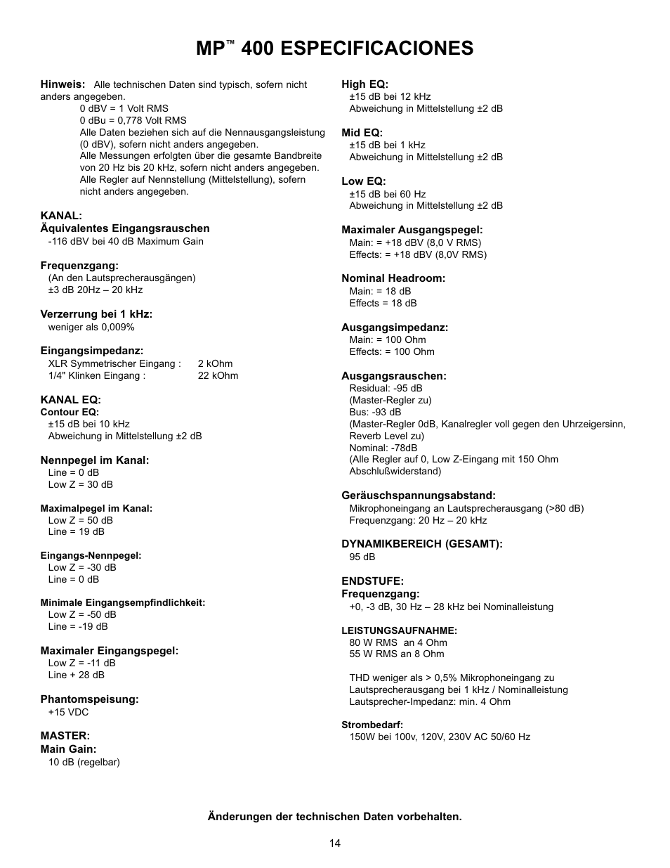400 especificaciones | Peavey MP 400 User Manual | Page 14 / 28