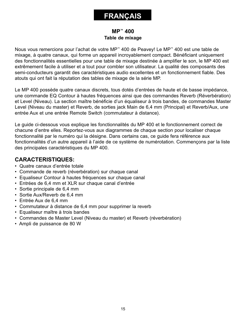 Français, Caracteristiques | Peavey MP 400 User Manual | Page 15 / 28