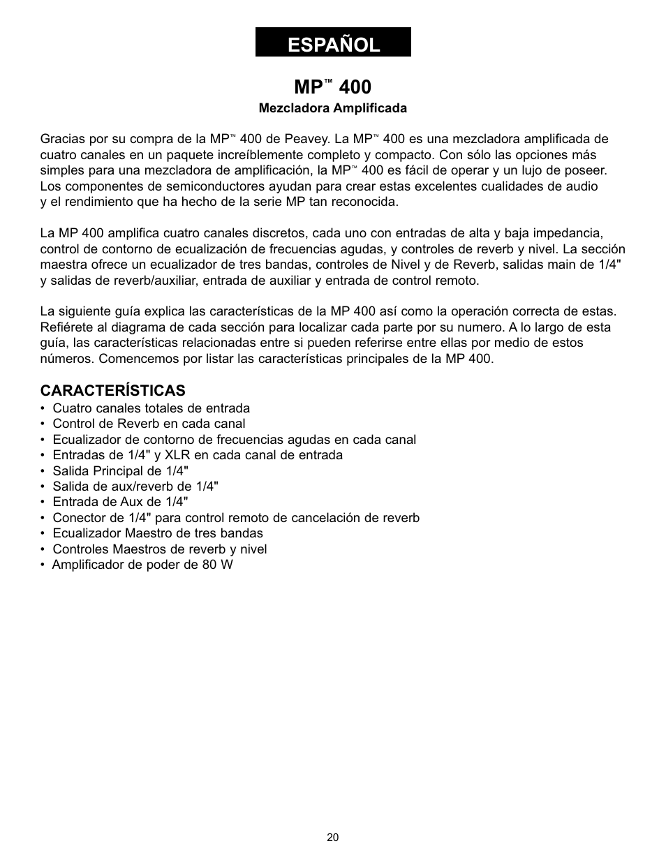 Español | Peavey MP 400 User Manual | Page 20 / 28