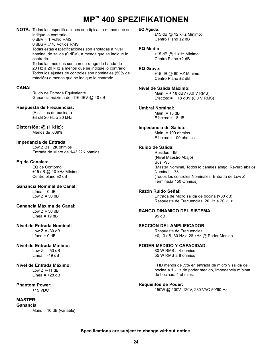 400 spezifikationen | Peavey MP 400 User Manual | Page 24 / 28
