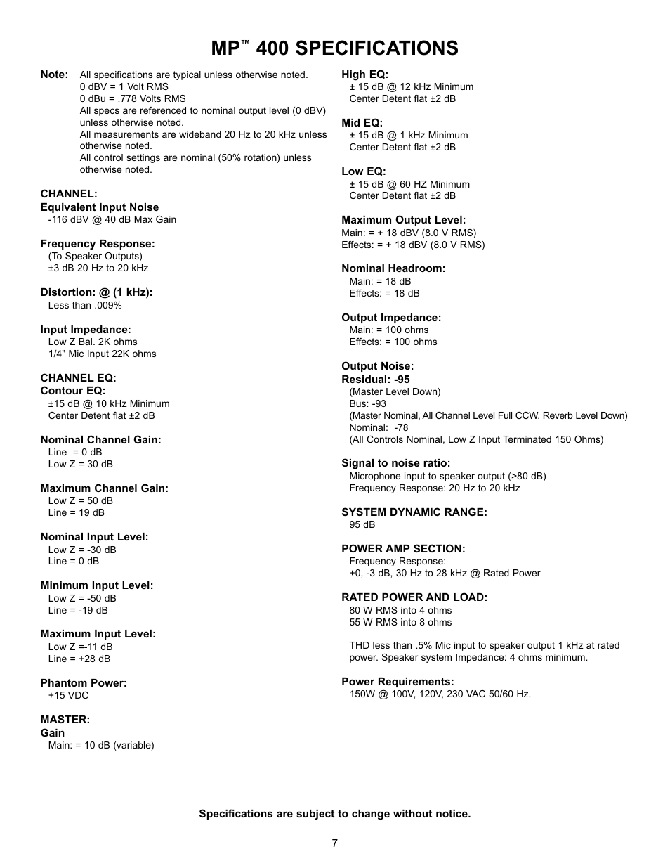 400 specifications | Peavey MP 400 User Manual | Page 7 / 28