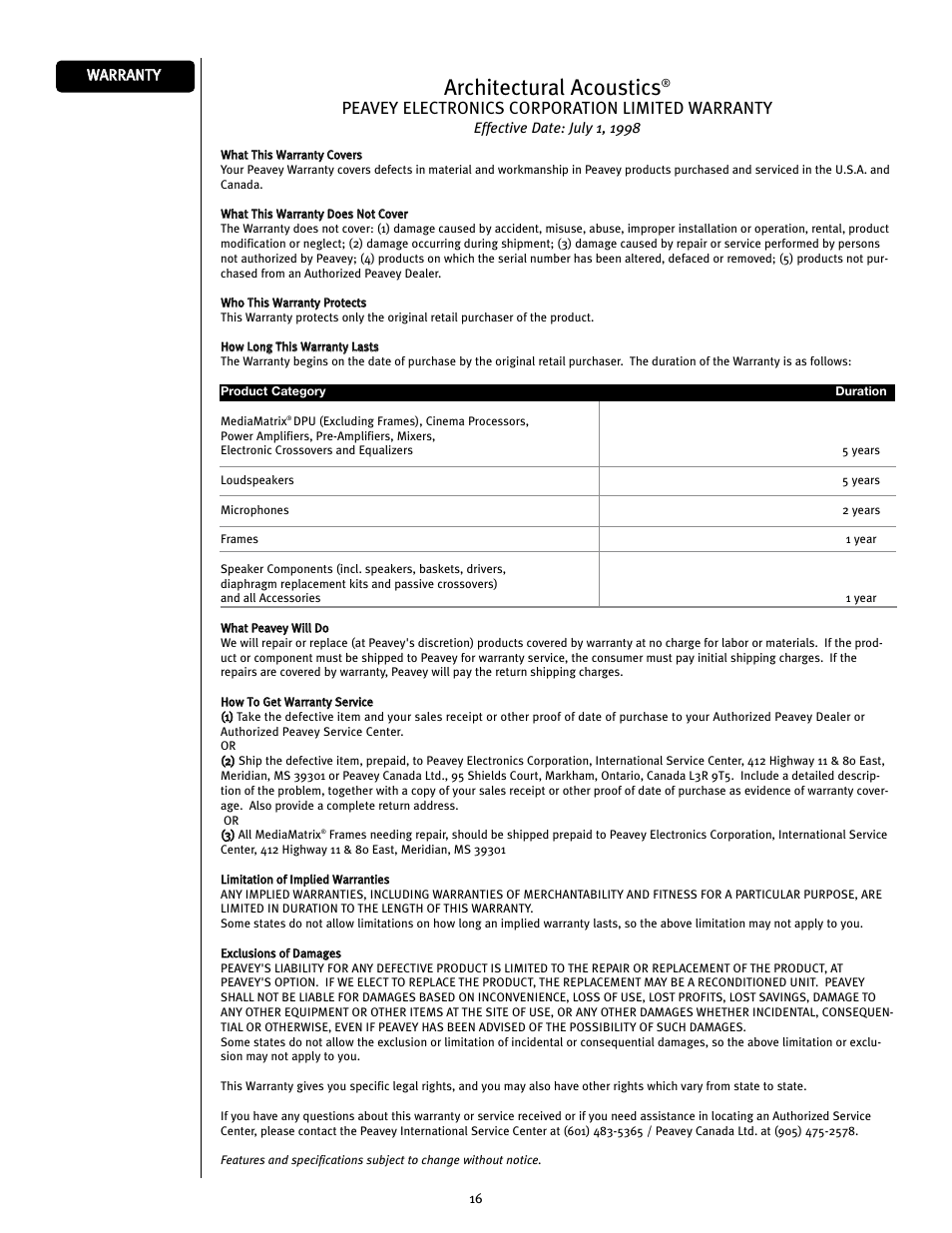 Architectural acoustics, Peavey electronics corporation limited warranty | Peavey 2443/3243 User Manual | Page 16 / 20