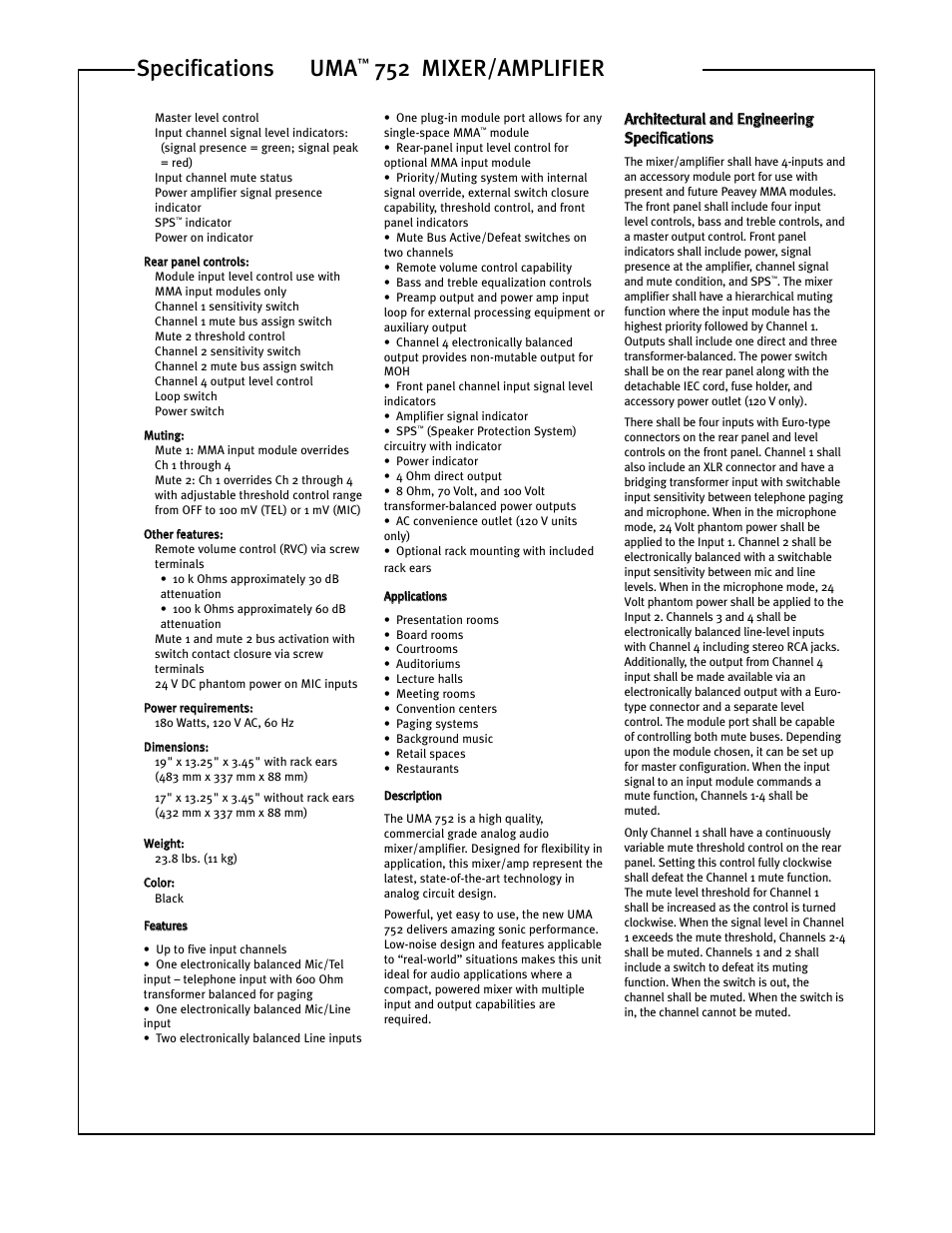 752 mixer/amplifier specifications | Peavey UMA 752 User Manual | Page 2 / 4