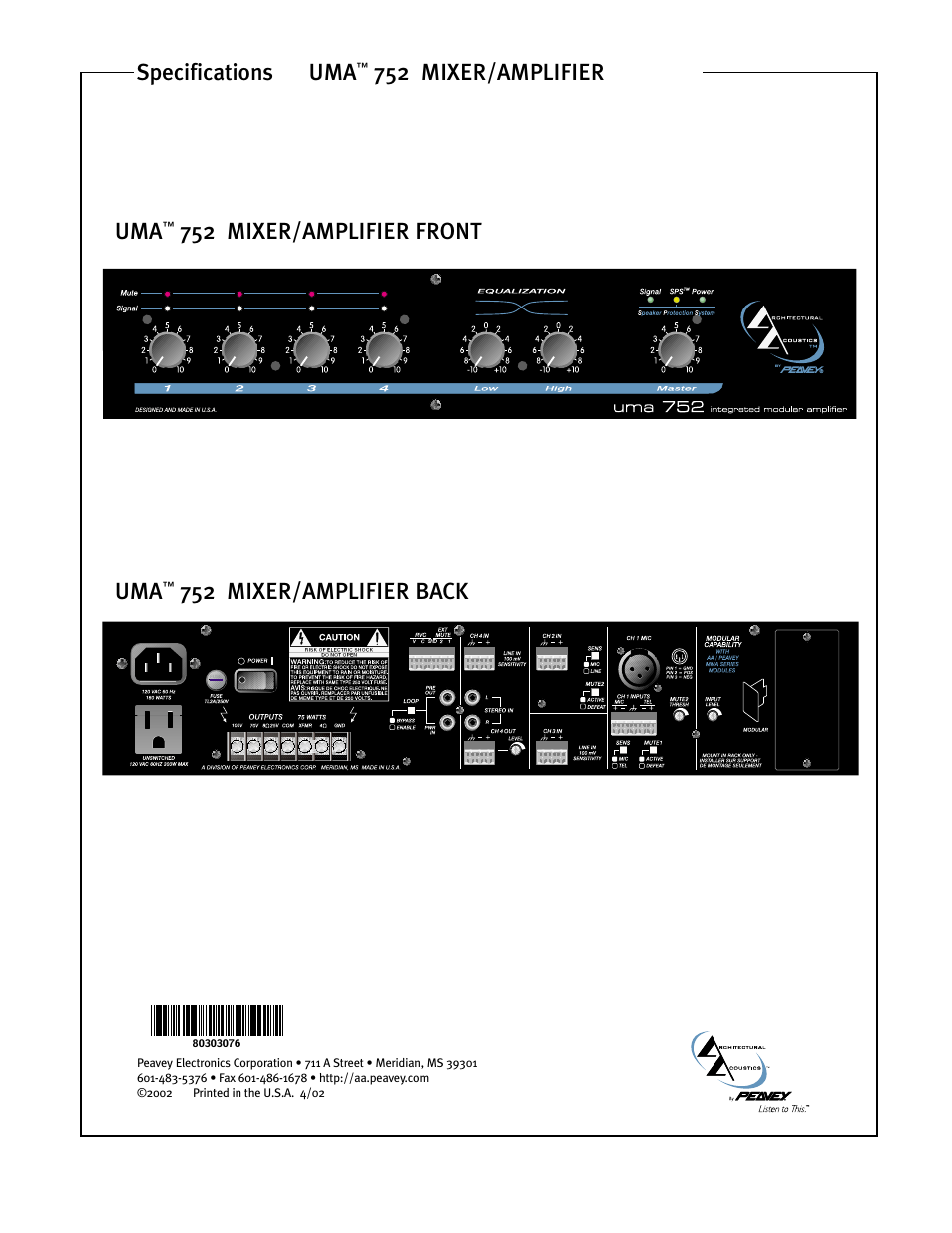 752 mixer/amplifier specifications, 752 mixer/amplifier front uma, 752 mixer/amplifier back | Peavey UMA 752 User Manual | Page 4 / 4