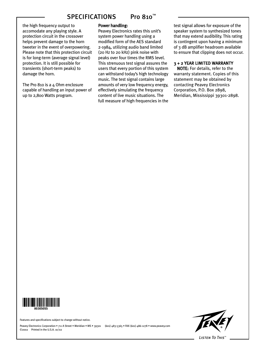 Specifications pro 810 | Peavey Pro 810 User Manual | Page 2 / 2