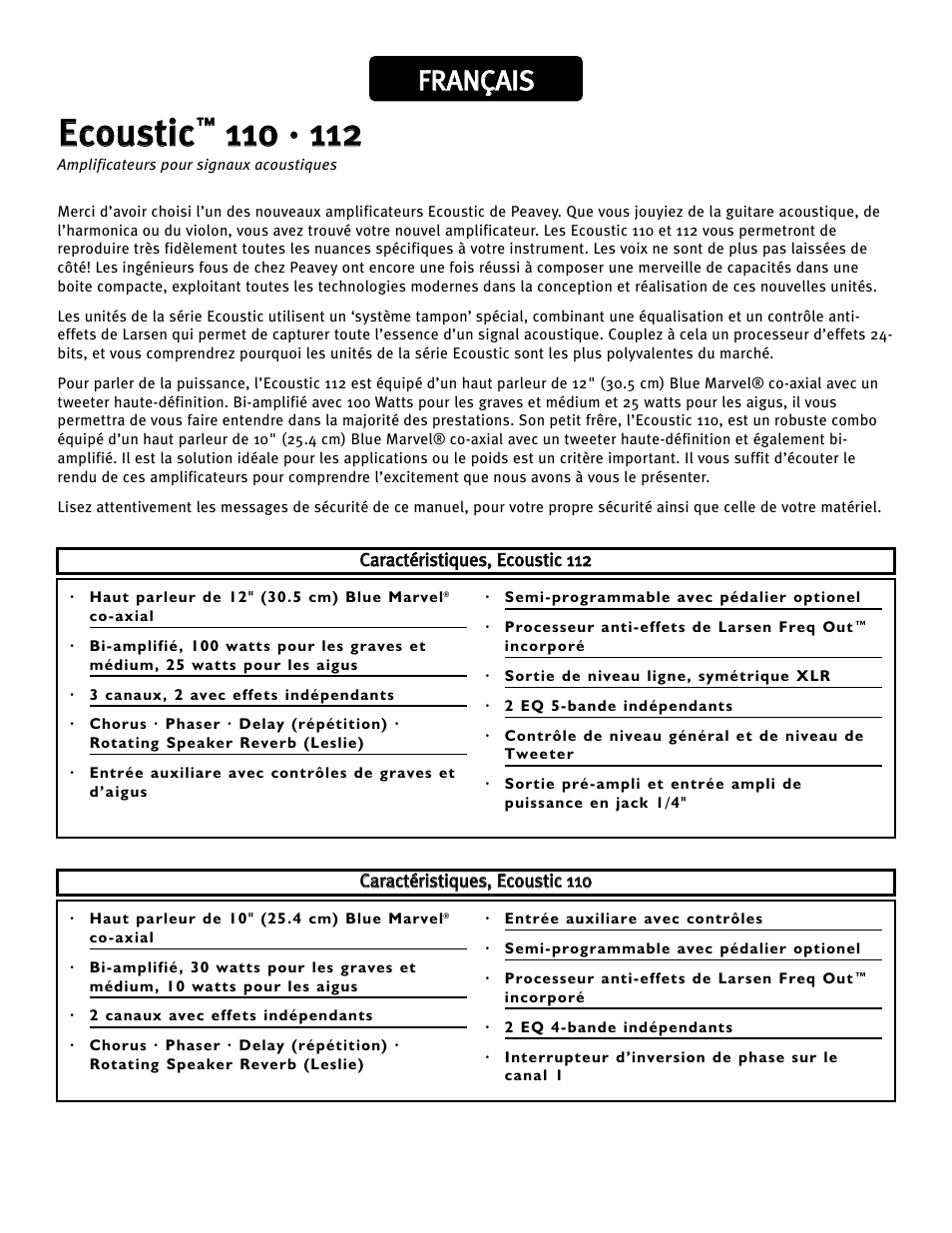 Eecco ou us sttiicc, Ffr ra an nç ça aiis s | Peavey Ecoustic 110 User Manual | Page 39 / 52