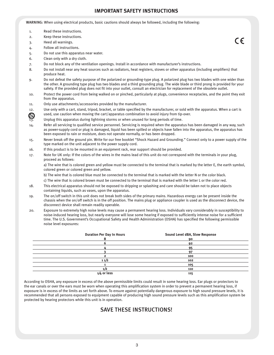 Save these instructions, Important safety instructions | Peavey ESCORT 3000 User Manual | Page 3 / 16