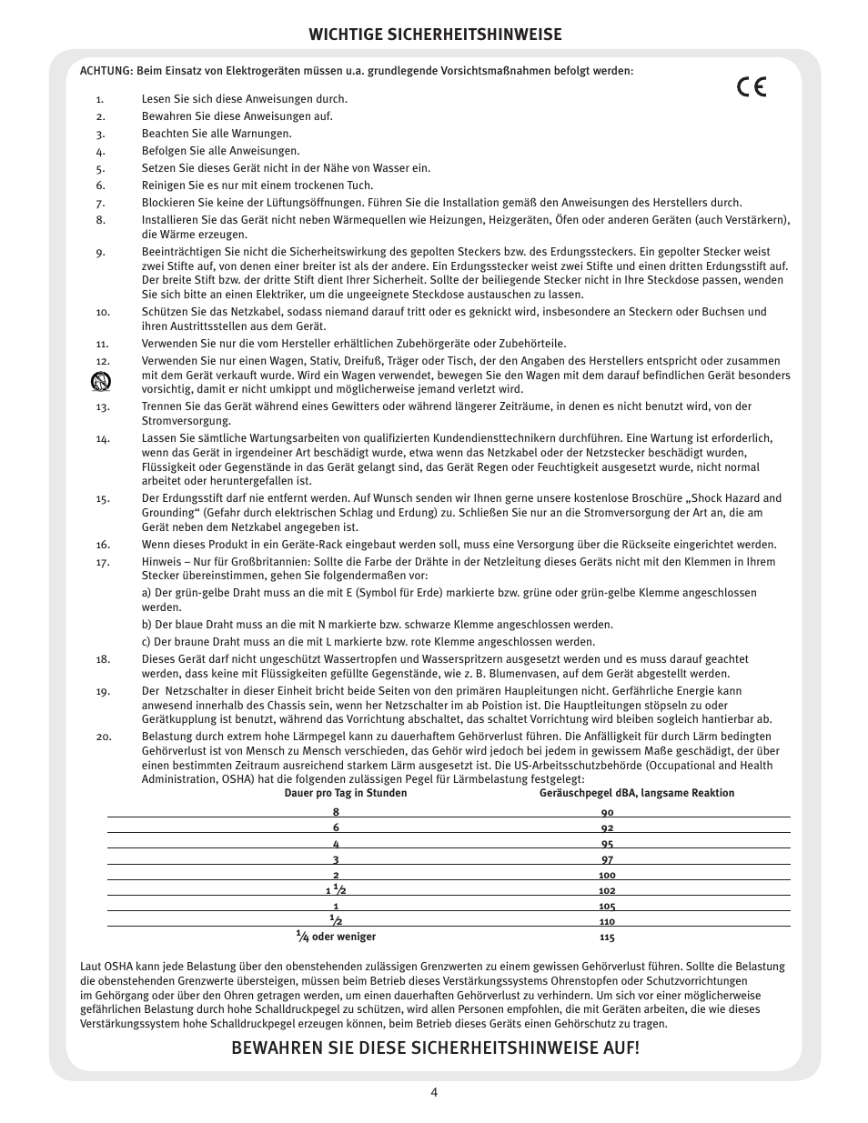 Bewahren sie diese sicherheitshinweise auf, Wichtige sicherheitshinweise | Peavey ESCORT 3000 User Manual | Page 4 / 16