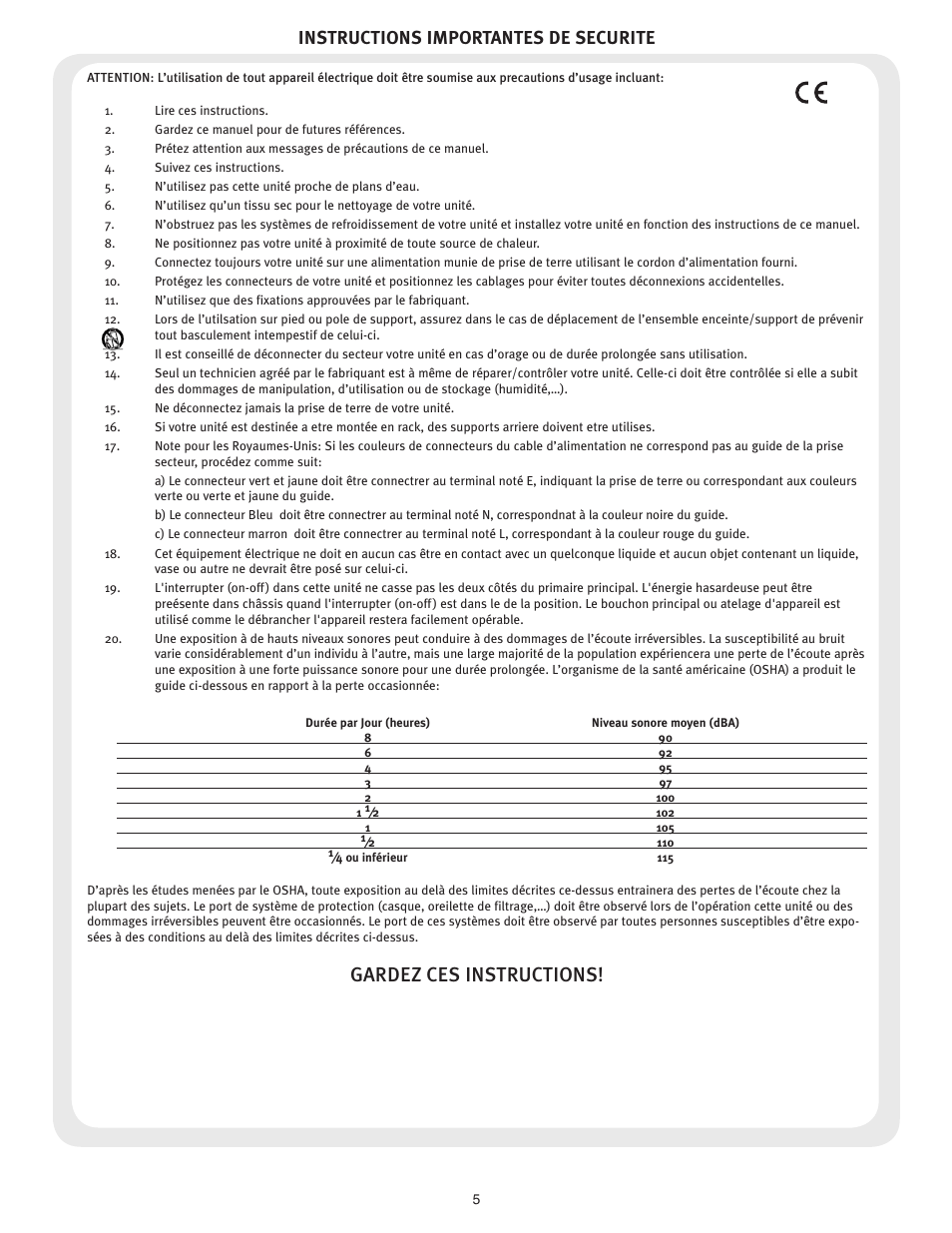 Gardez ces instructions, Instructions importantes de securite | Peavey ESCORT 3000 User Manual | Page 5 / 16