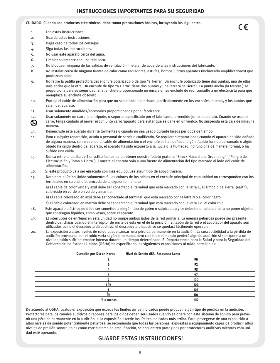 Guarde estas instrucciones, Instrucciones importantes para su seguridad | Peavey ESCORT 3000 User Manual | Page 6 / 16