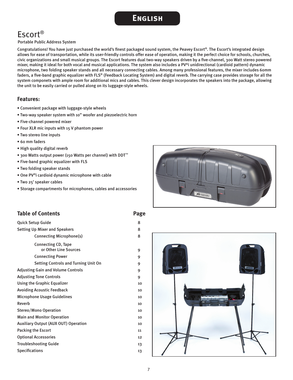 English escort, Features, Table of contents page | Peavey ESCORT 3000 User Manual | Page 7 / 16