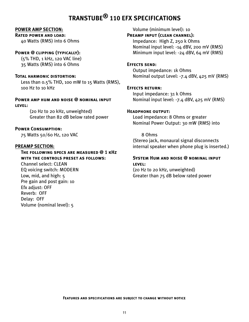 Transtube® 110 efx specifications | Peavey TRANSTUBE 110 EFX User Manual | Page 11 / 32