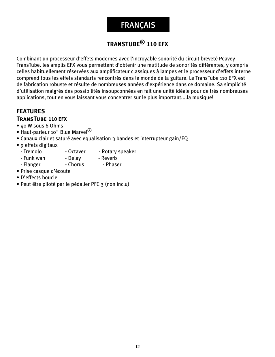 Français | Peavey TRANSTUBE 110 EFX User Manual | Page 12 / 32