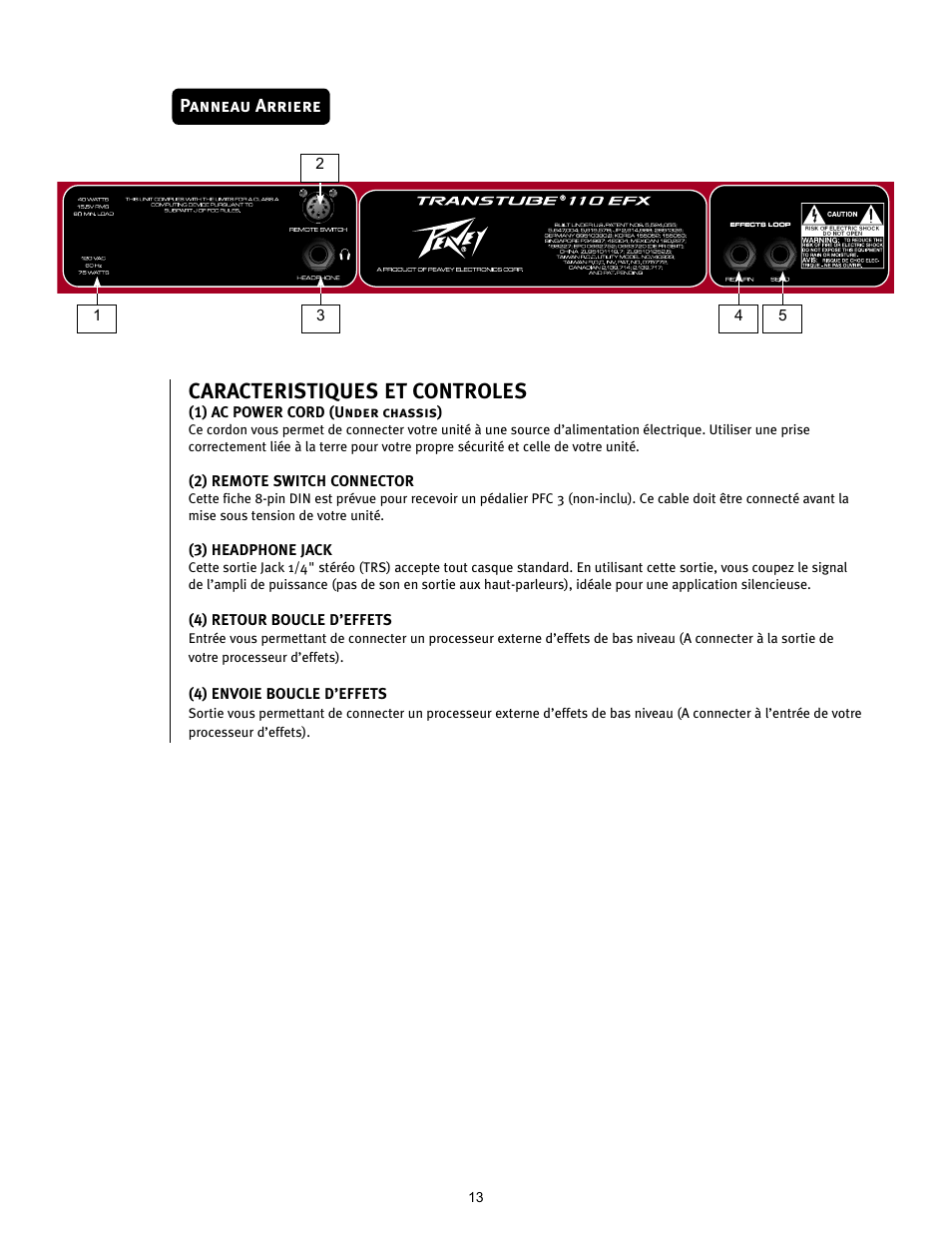 Caracteristiques et controles | Peavey TRANSTUBE 110 EFX User Manual | Page 13 / 32